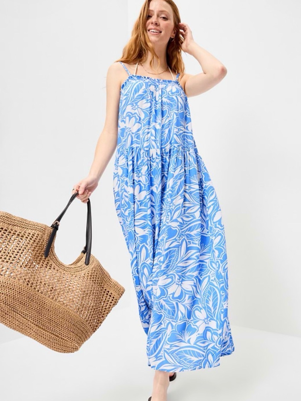 NWOT OLD NAVY Smock Top Blue & White Floral Maxi Sundress Sz small